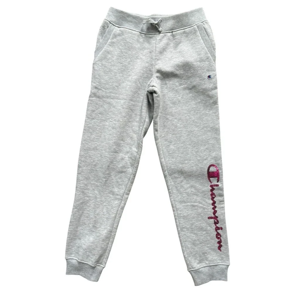 Champion Powerblend Girls Gray Joggers Pink Sequin Logo. Youth Large. NEW